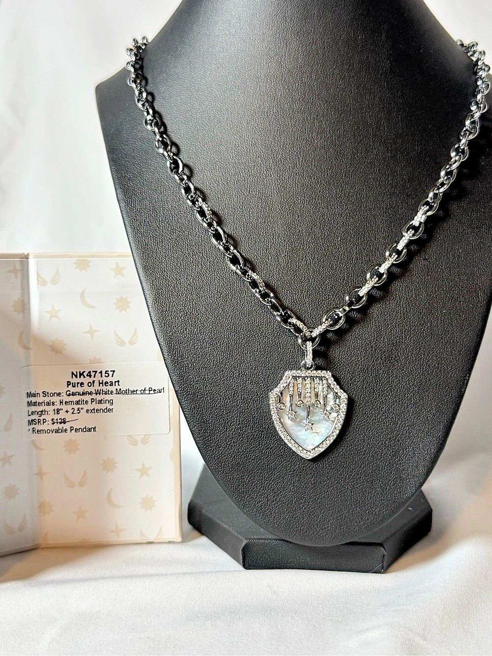Bomb party Necklace Shield Pendant Necklace in dark Silver & mother of pearl NWT